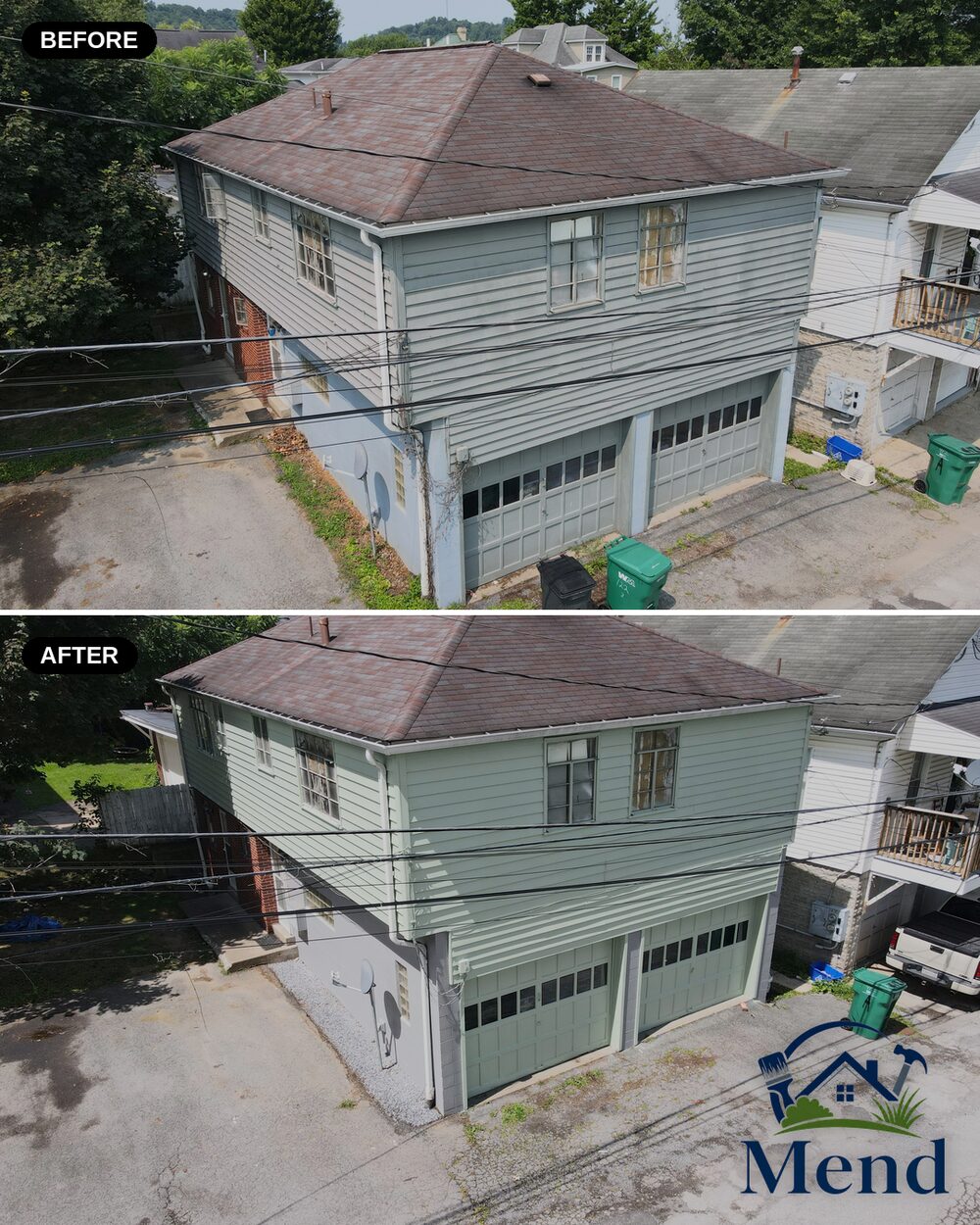 Before and after exterior repaint, garage and upper level angle