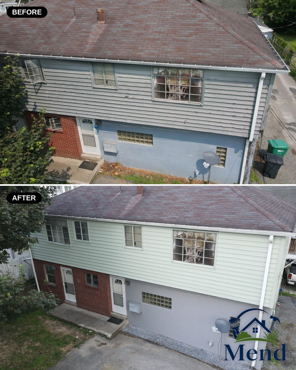 Before and after exterior repaint, front elevation angle